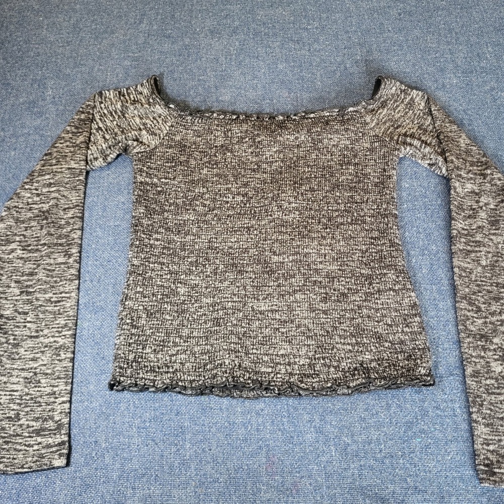 Hollister Womens Grey Marled Smocked Off-the-Shoulder Long Sleeve Top Medium NWT